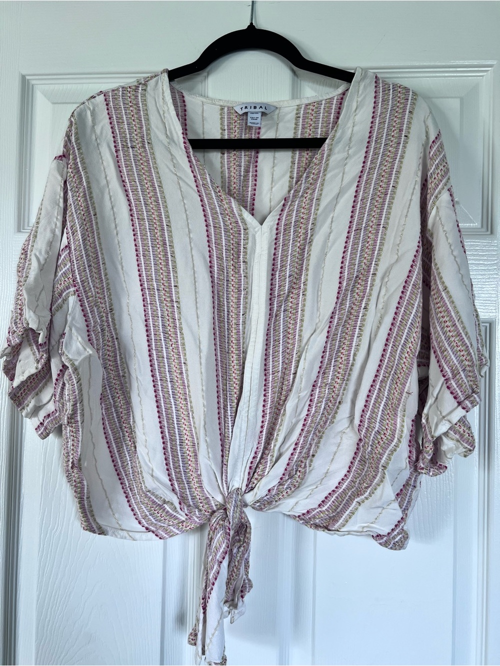 Tribal Striped Tie-Front V-Neck Blouse in Cream and Mauve